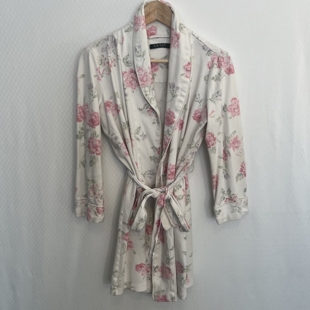 Lauren Ralph Lauren Cream Floral Satin Robe with Pink Roses